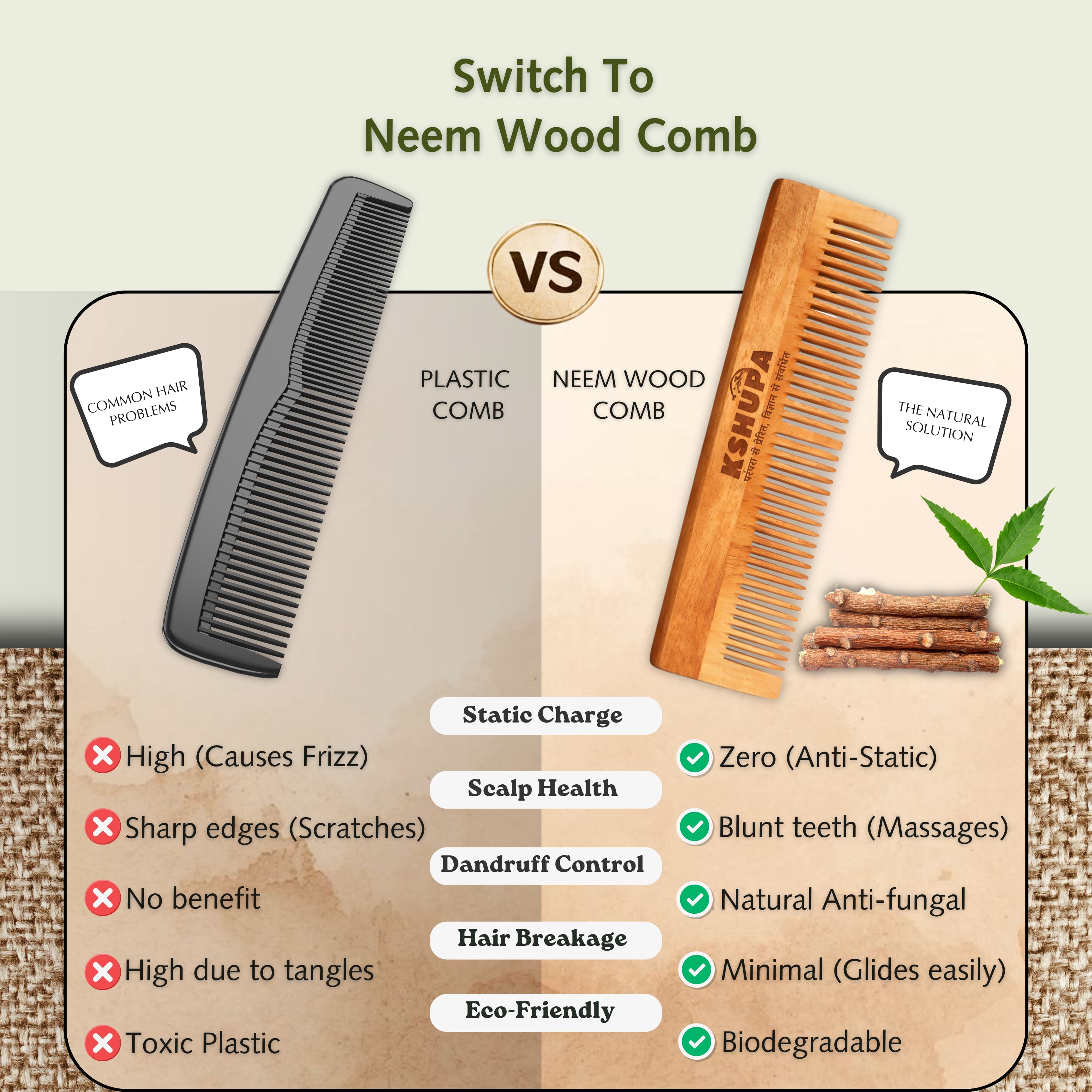 Kacchi Neem Wood Comb | Handmade & Eco-Friendly